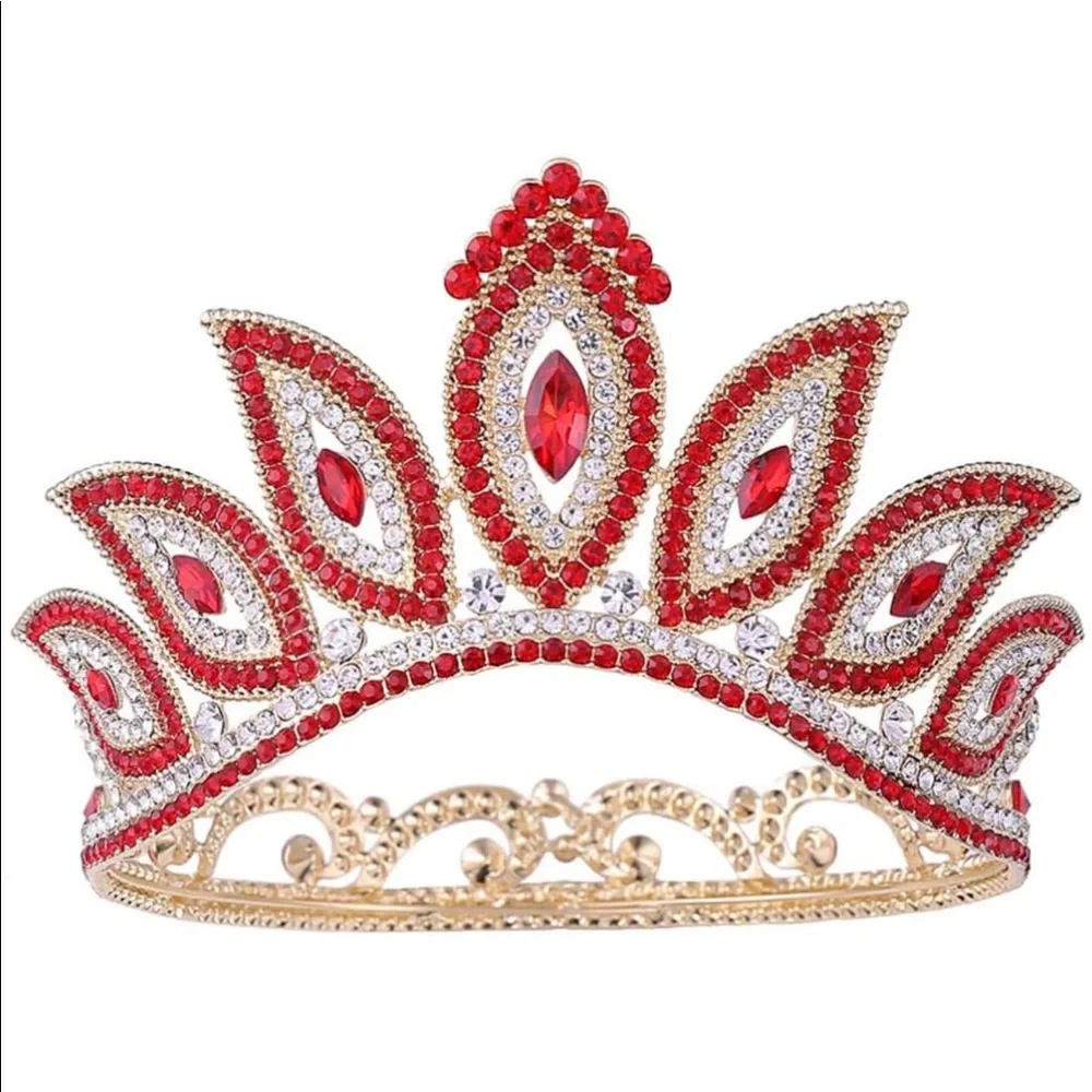 New Ruby and Diamond Rhinestone Gold Metal Crown Tiara Custom Wedding Bridal